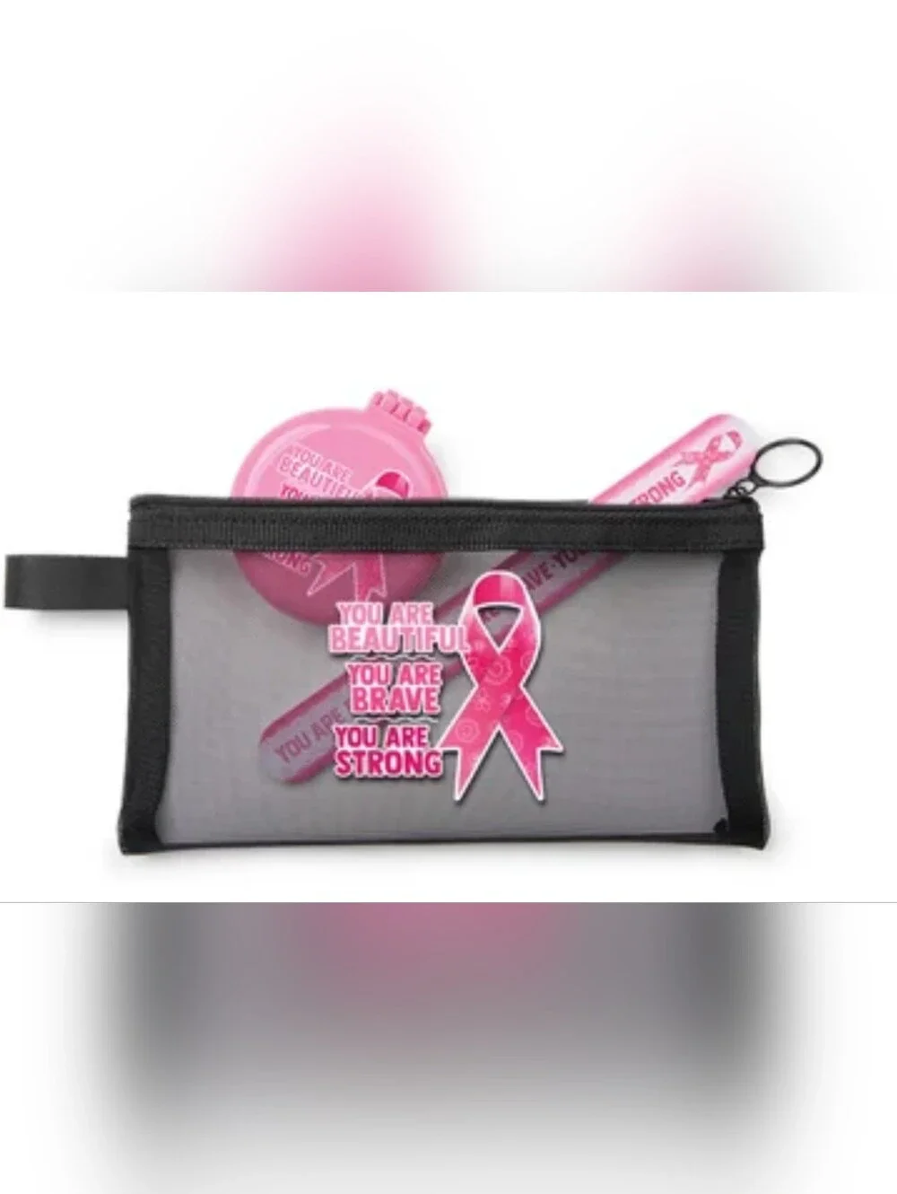 Breast Cancer Awareness Black Zippered Mesh Pouch 3 Pcs Gift Set. New